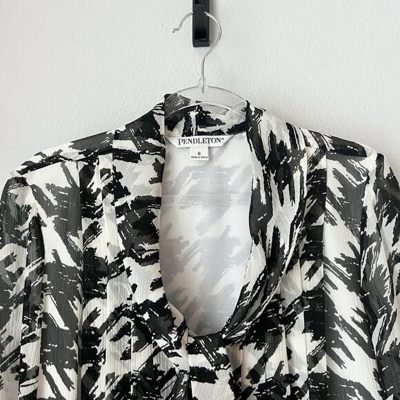 Pendleton Silk Secretary Black & White Blouse Houndstooth Tie Neck Office Sz 6 - Picture 12 of 16